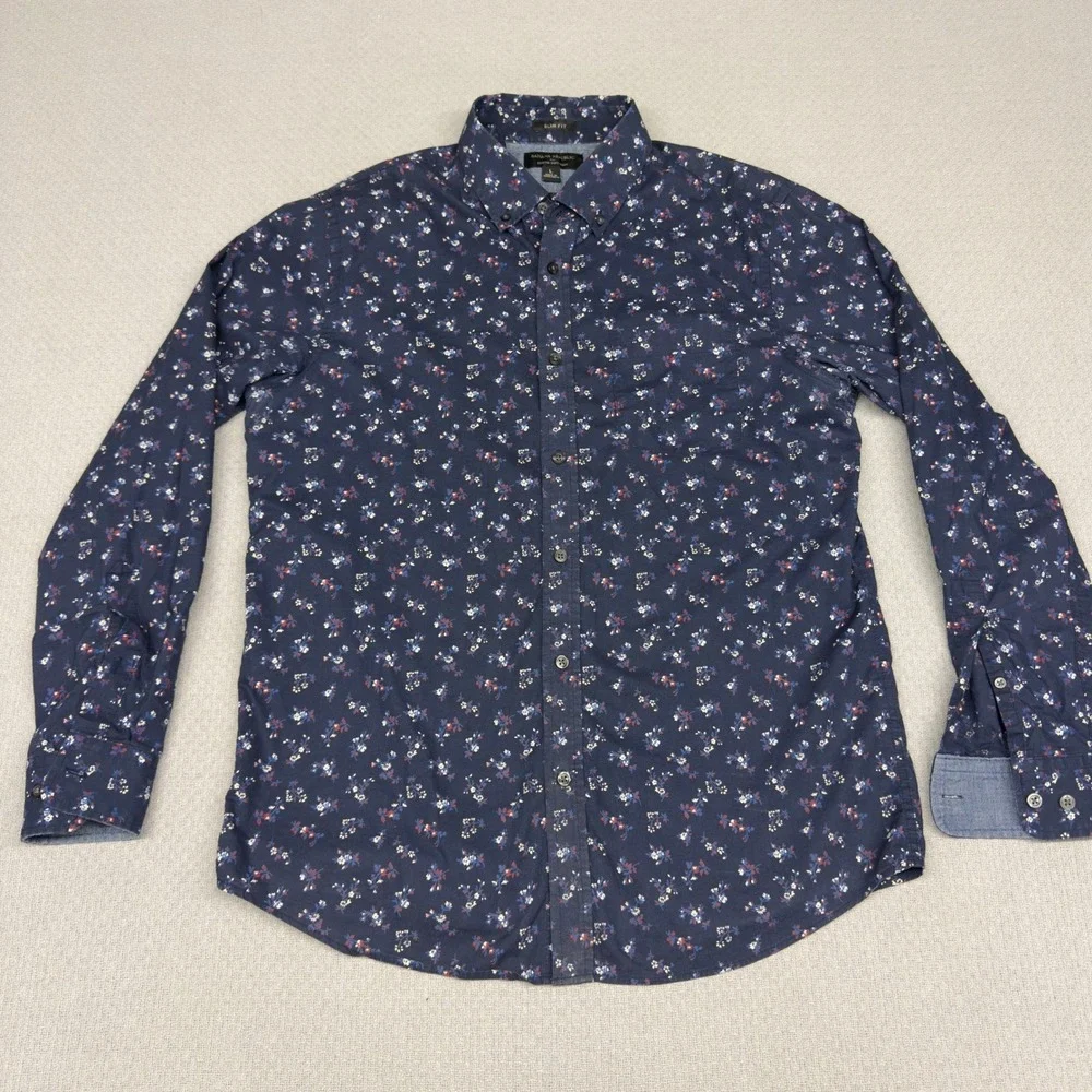 Banana Republic Shirt Mens Large Navy Blue Floral Slim Fit Stretch Soft Wash